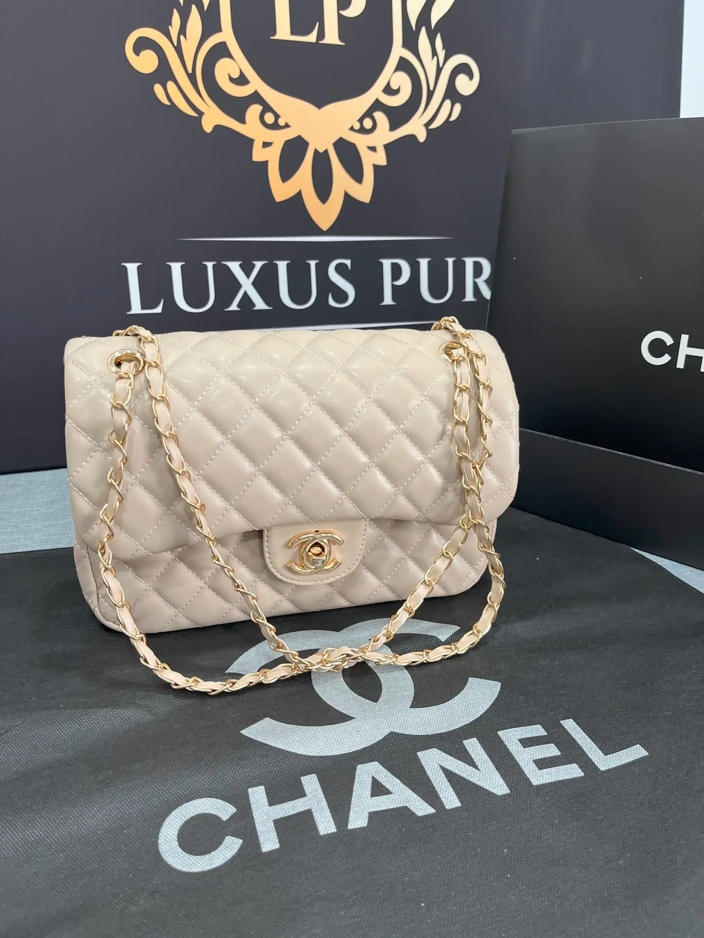 CHANEL Classic Double Flap 10 Chain Shoulder Bag Beige -1